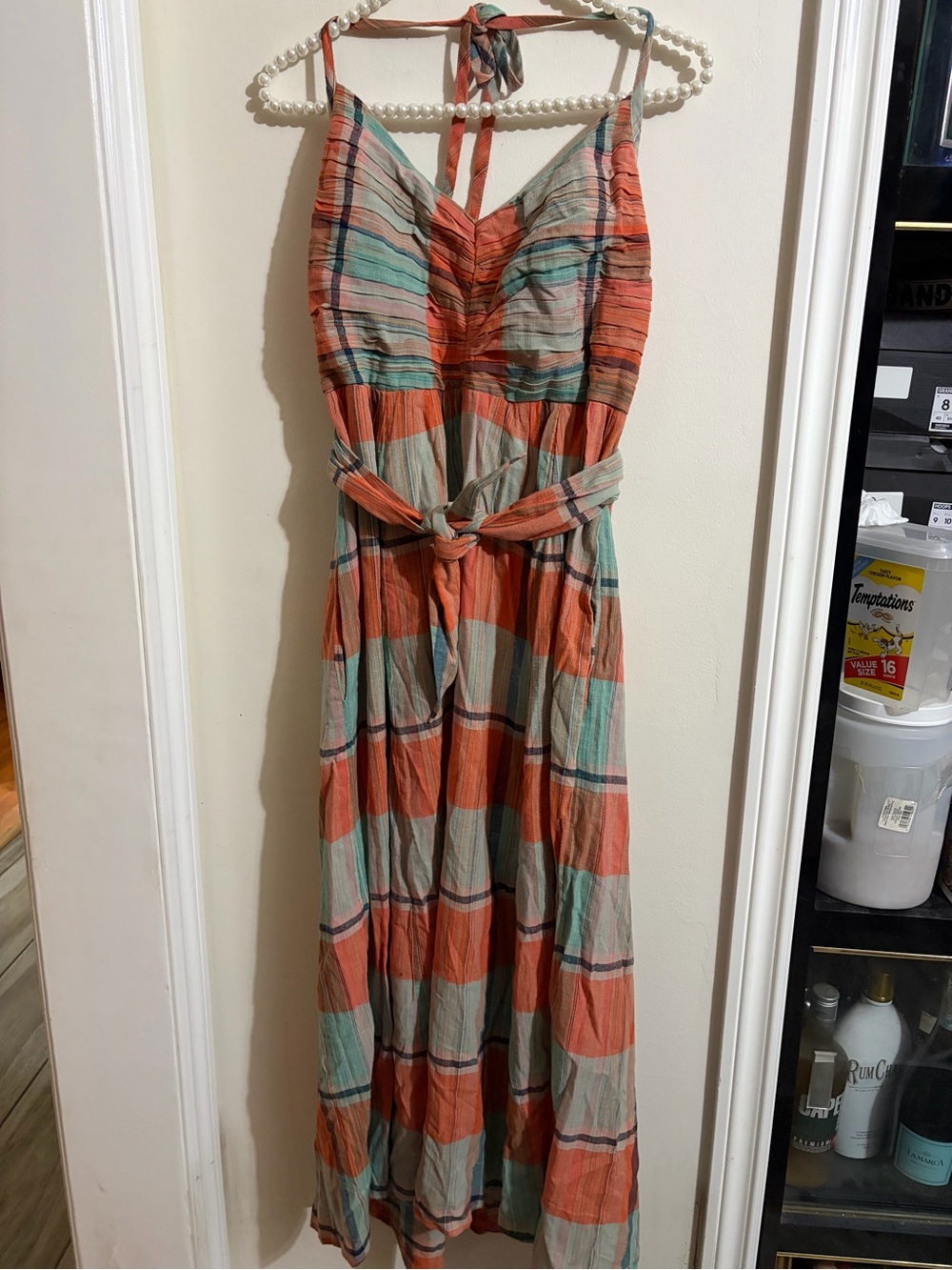 Free People Coral and Teal Plaid Halter Maxi Dress